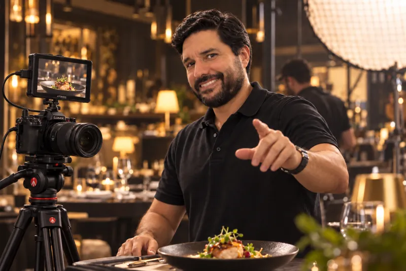 Retrato de André Giraldo, publicista y director creativo, dirigiendo una producción