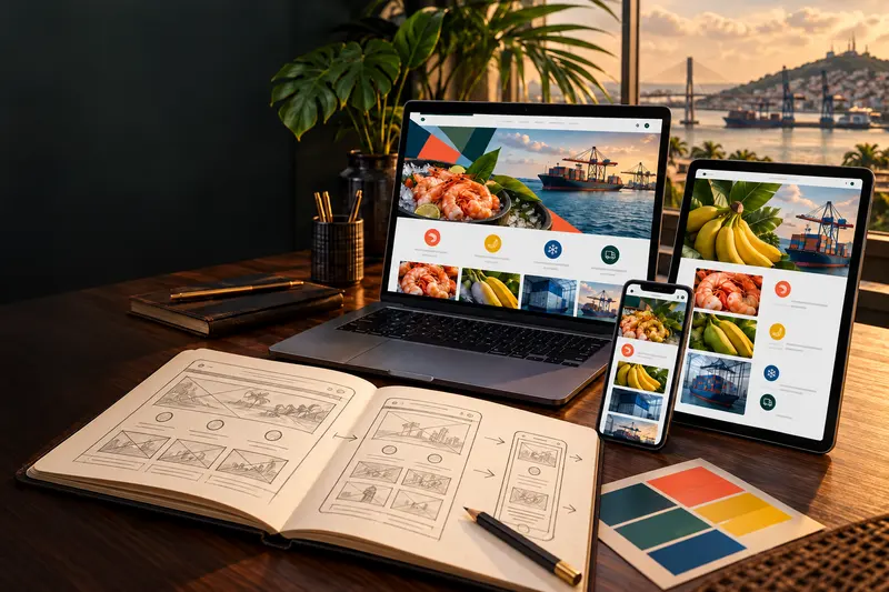Bocetos y sitio web adaptable para exportación ecuatoriana de camarón y banano