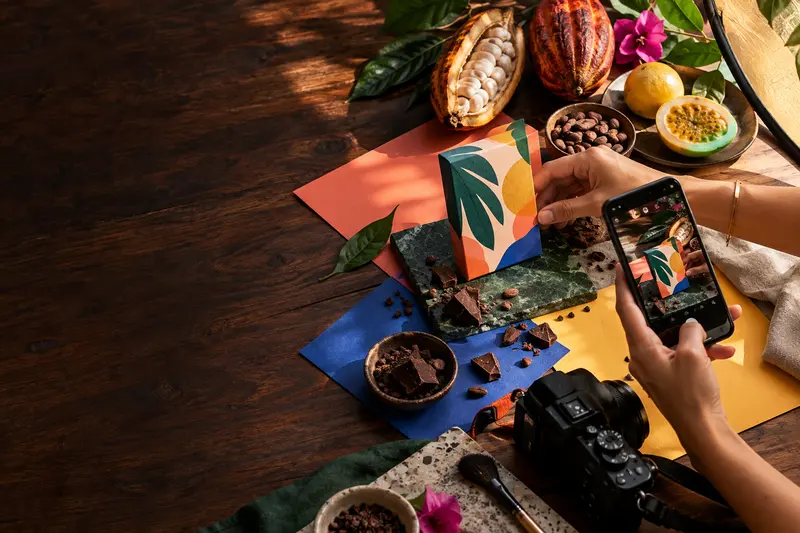 Manos fotografiando contenido para una marca ecuatoriana de cacao