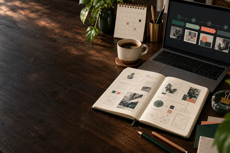 Cuaderno con bocetos, café, calendario y cronograma de proyectos en una mesa de estrategia